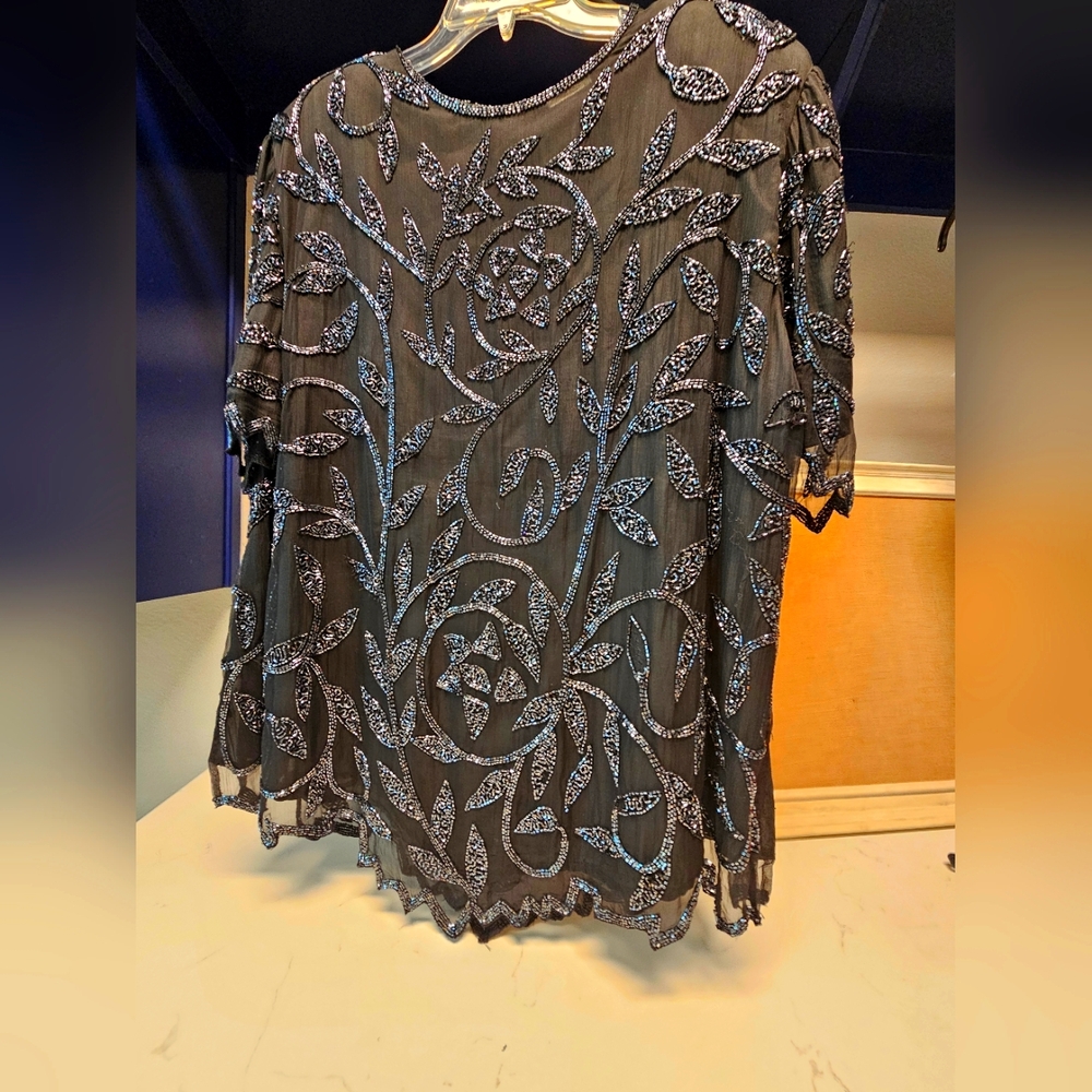 Women's Black Silk Lace Beaded Lined Scoop Neck Formal Shirt Top Blouse